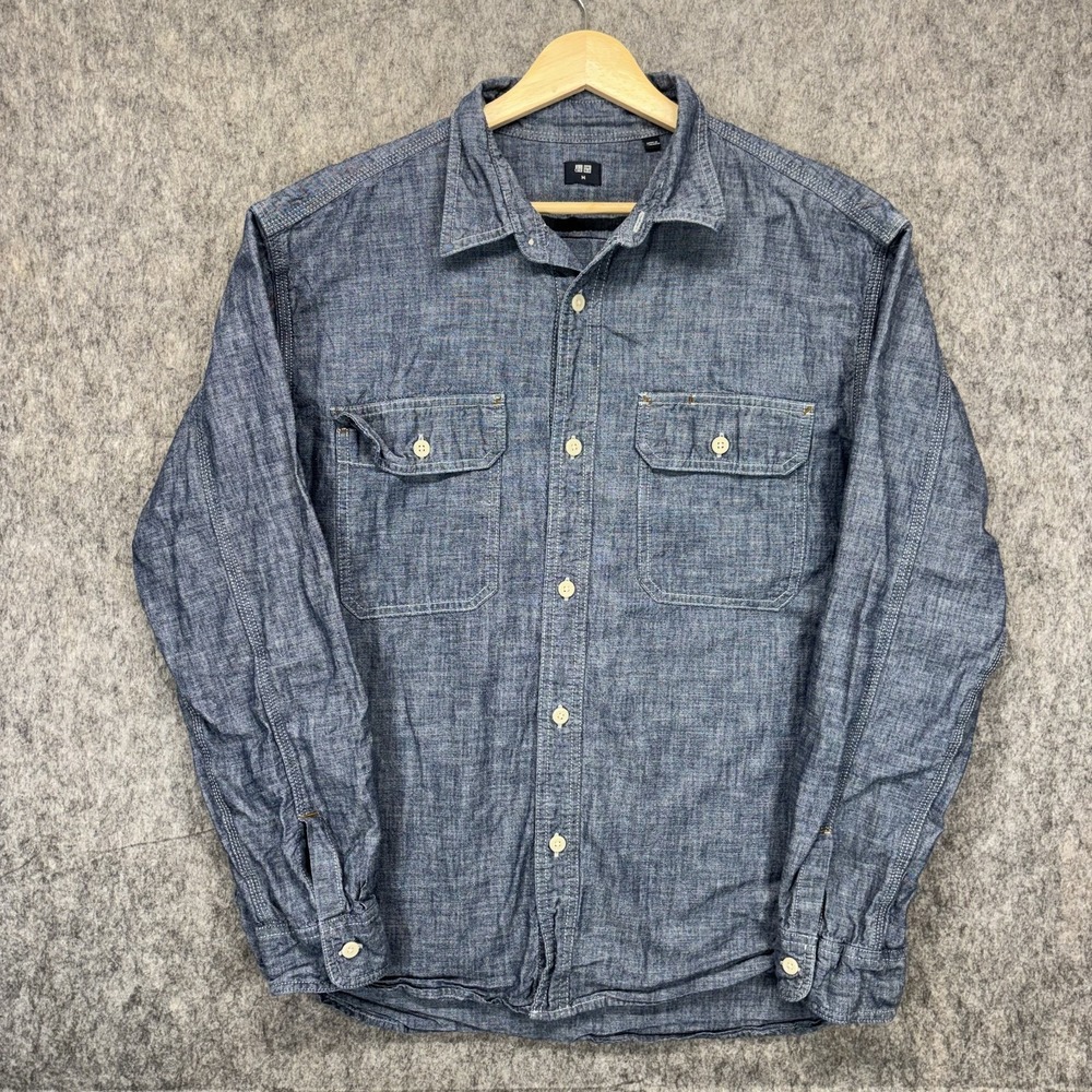 UNIQLO Denim Chambray Shirt Men's Medium Long Sleeve Blue Cotton Workwear